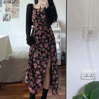 Spaghetti-strap Floral Slit Midi A-line Dress / Cropped Cardigan / Set