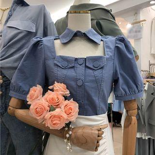 Cropped Lapel Puff Short-sleeve Top