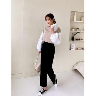 Contrast Balloon-sleeve Knit Top