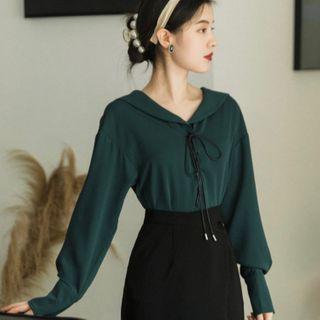 Long-sleeve Tie-front V-neck Blouse / Midi A-line Skirt