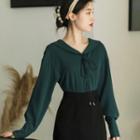 Long-sleeve Tie-front V-neck Blouse / Midi A-line Skirt