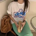 Short-sleeve Lettering T-shirt / Ribbed Midi Knit Skirt