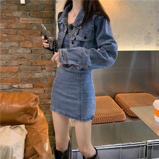 Cropped Denim Jacket / Spaghetti-strap Mini Sheath Dress