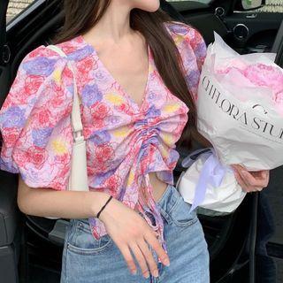Drawstring Floral Puff-sleeve Cropped Top