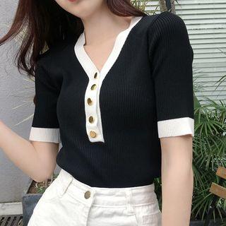 V-neck Color Block Short-sleeve Knit Top