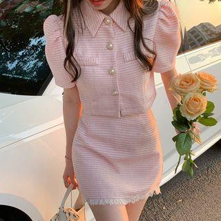 Puff-sleeve Faux Pearl Button Top / Mini Pencil Skirt