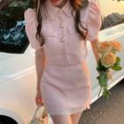 Puff-sleeve Faux Pearl Button Top / Mini Pencil Skirt