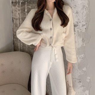 Fleece Cardigan / Knit Wide-leg Pants