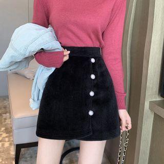 Pearl Button Woolen A-line Skirt