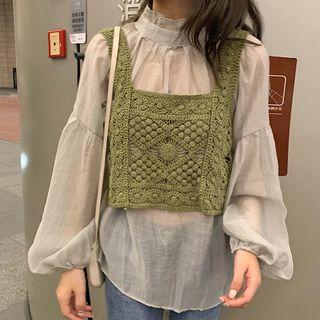 Puff-sleeve Blouse / Perforated Knit Vest