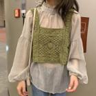Puff-sleeve Blouse / Perforated Knit Vest