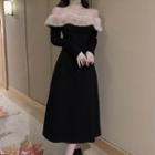 Long-sleeve Off-shoulder Fluffy Trim Midi A-line Dress