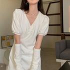 Set: Puff-sleeve Mini A-line Dress + Oversleeves White - One Size
