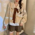Long-sleeve Plain Cable Knit Cardigan / Long-sleeve Ruffle Trim Tie-neck Blouse / Plaid Pleated Mini Skirt