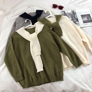 Plain Crewneck Long-sleeve Knit Top With Cape