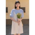 Puff-sleeve Color Block T-shirt Dress White - One Size