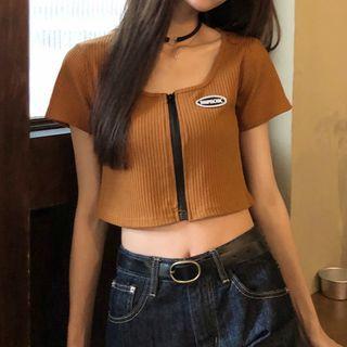 Square-neck Zip Short-sleeve Top