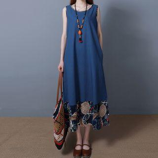 Printed Panel Sleeveless Midi Shift Dress