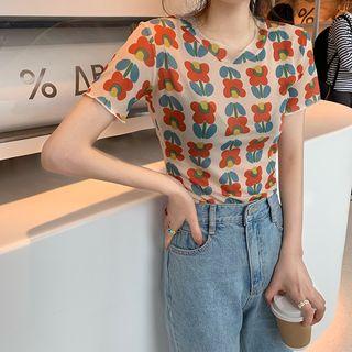 Flower Print Short-sleeve T-shirt As Shown In Figure - One Size