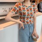 Flower Print Short-sleeve T-shirt As Shown In Figure - One Size