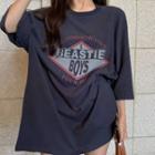 Elbow-sleeve Printed Oversize T-shirt Navy Blue - One Size
