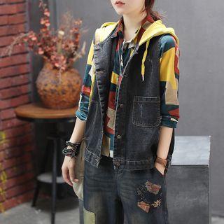 Single-breasted Hooded Denim Vest