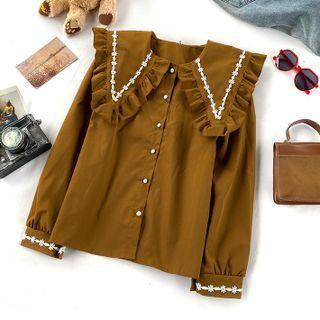 Floral Embroidered Ruffled Blouse Khaki - One Size