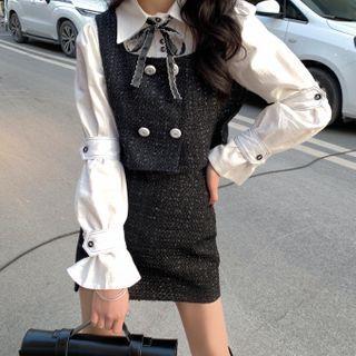 Long-sleeve Blouse / Cropped Vest / Mini Pencil Skirt / Set