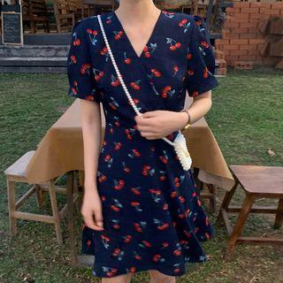 Short-sleeve Cherry Pattern A-line Dress Navy Blue - One Size