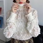 Long-sleeve Turtle Neck Lace Top Almond Beige - One Size