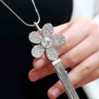Rhinestone Flower Fringe Pendant Long Necklace
