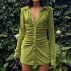 Long-sleeve Shirred Button-up Mini Bodycon Shirtdress