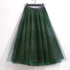 Patterned Mesh Panel Midi A-line Skirt Dark Green - 60-102cm