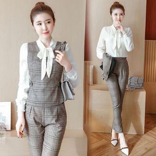 Set: Tie-neck Long-sleeve Blouse + Plaid Sleeveless Top + Pants
