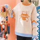 Contrast-collar Cat Print Fleece-lined Sweatshirt