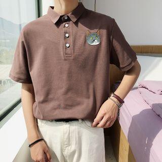 Short-sleeve Cat Embroidery Polo Shirt