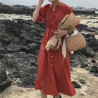 Elbow-sleeve Midi Shirtdress Green - One Size