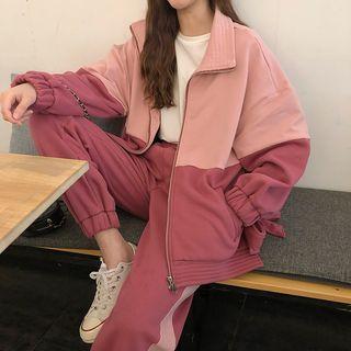 Set: Two-tone Tie-cuff Zip Jacket + Sweatpants Set - One Size