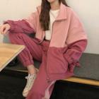 Set: Two-tone Tie-cuff Zip Jacket + Sweatpants Set - One Size