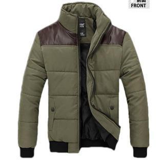 Stand-collar Faux-leather Panel Padded Jacket