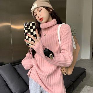 Turtleneck Plain Striped Oversize Sweater