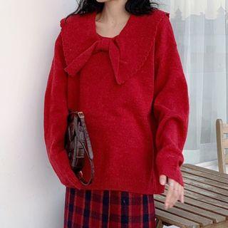 Peter Pan-collar Plain Knit Sweater / High-waist Contrast Plaid Woolen Skirt