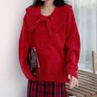 Peter Pan-collar Plain Knit Sweater / High-waist Contrast Plaid Woolen Skirt