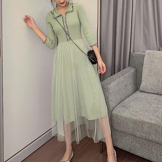 Contrast Trim Mesh Panel 3/4-sleeve Midi A-line Dress