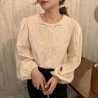 Round-neck Flower Embroidered Puff-sleeve Shirt Almond - One Size