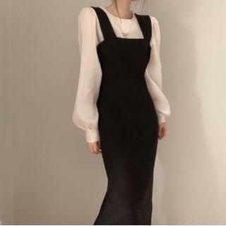 Bishop-sleeve Blouse / Midi Sheath Pinafore Dress