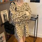 V-neck Leopard Print Fleece Sweatshirt Leopard - Khaki - One Size