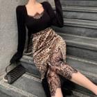 Lace Trim Sweater / Leopard Print Midi Pencil Skirt