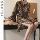 Long-sleeve Python Print Midi A-line Dress Coffee - One Size