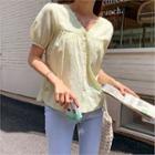 Puff-sleeve Lace-trim Shirred Blouse